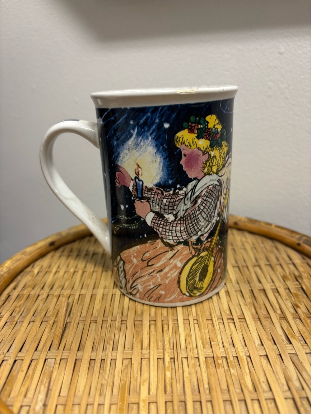 Vintage-style Blue Illustrated Candlelight Angel Ceramic Mug